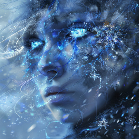 Beautiful woman face with snowflakes on blue background. 3D renderingの素材