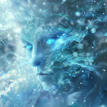 Fantasy portrait of a beautiful woman with blue eyes and snowflakesの素材