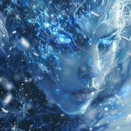 3d rendering of a female face covered with snowflakes.の素材