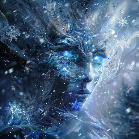Fantasy image of a woman with snowflakes on her faceの素材