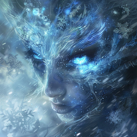 Fantasy woman face with blue snowflakes. 3D renderingの素材