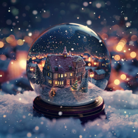 Snow globe with Christmas village in snowdrift at night. 3D renderingの素材