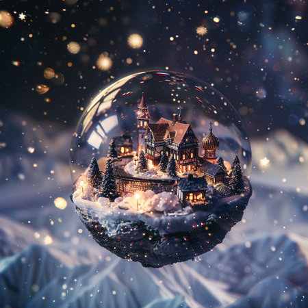 Christmas and New Year holidays background. Snow globe with Christmas trees and houses.の素材