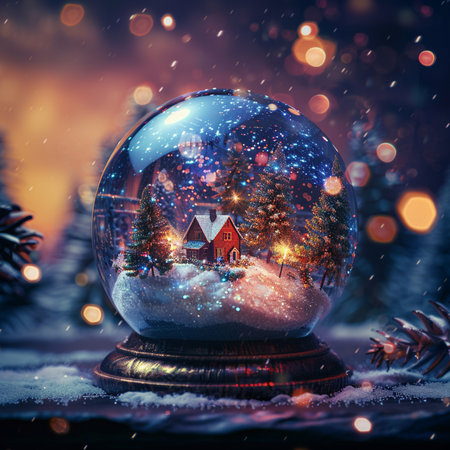 Snow globe with christmas trees and houses in the snow. Christmas background.の素材