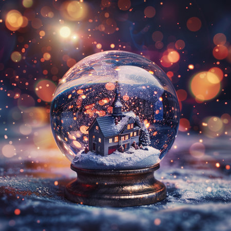 Christmas snow globe with house in the snow and bokeh backgroundの素材