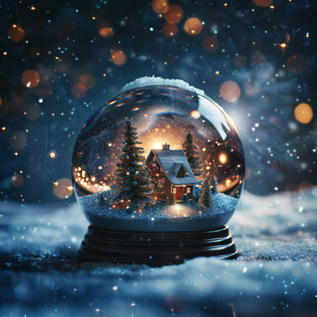 Snow globe with christmas house in snowfall. 3D renderingの素材