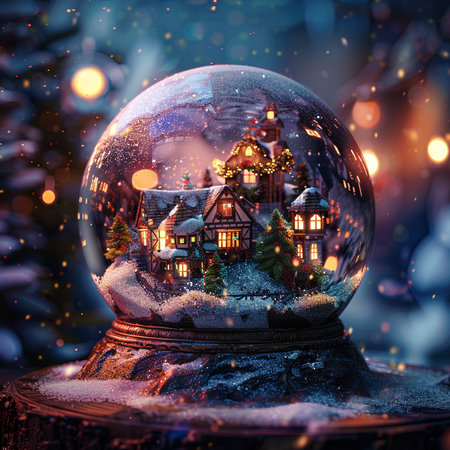 Snow globe with Christmas village in the snow. Christmas and New Year background.の素材