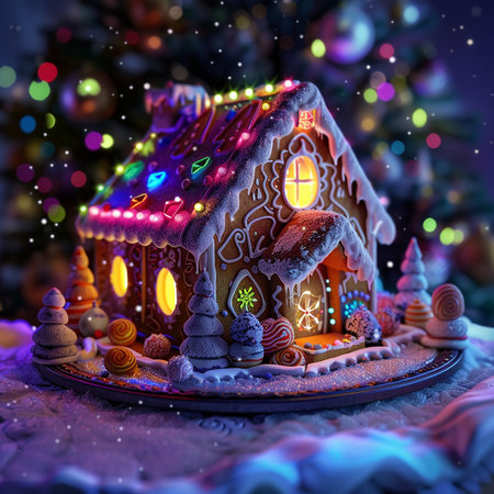 Christmas gingerbread house on a festive background. Glowing Christmas tree.の素材