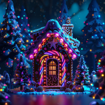 Illustration of a Christmas gingerbread house decorated with colorful lights in the winter forestの素材