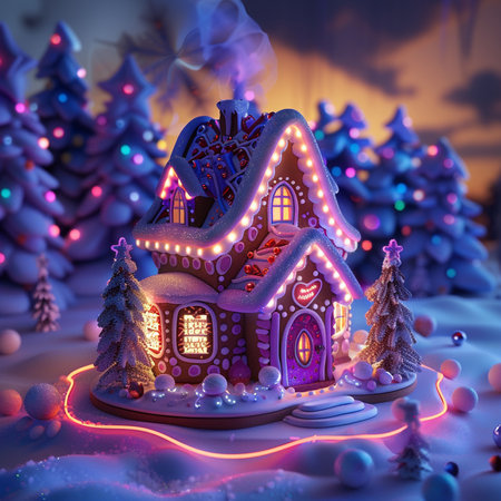 Christmas gingerbread house in the winter forest. 3D illustrations.の素材
