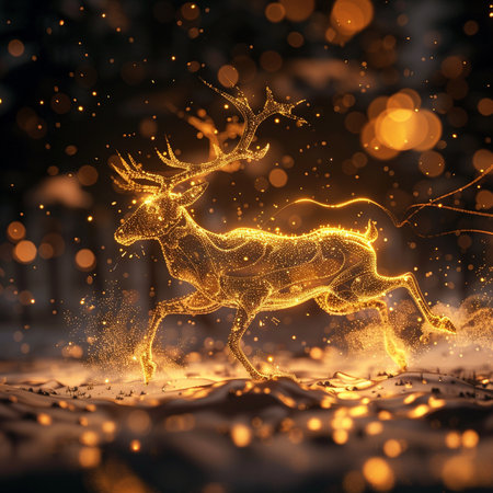 Christmas reindeer with golden bokeh background. 3d renderingの素材