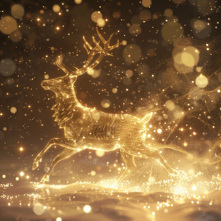 Christmas background with golden reindeer and bokeh lights.の素材