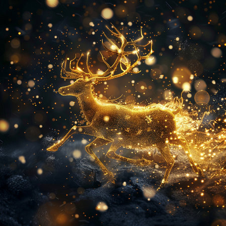 Golden reindeer with golden bokeh effect on dark backgroundの素材