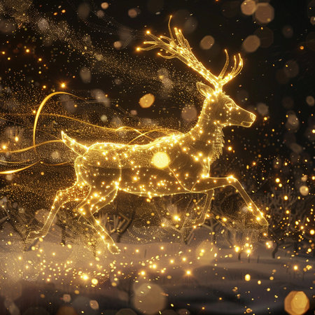 Christmas background with golden reindeer and lights. Vector illustration.の素材