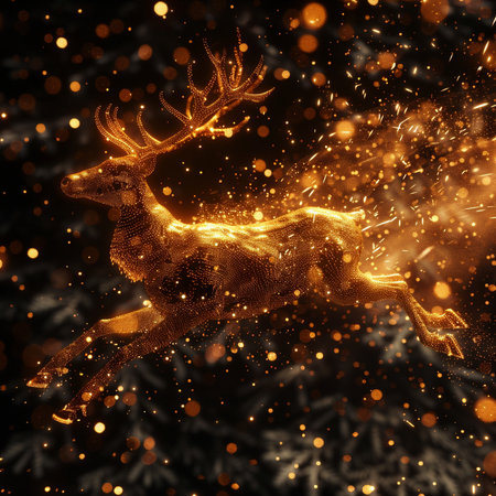 3d rendering of a golden deer on a black background with sparksの素材