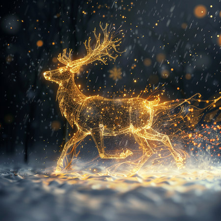 Christmas reindeer with snowfall in forest. 3D renderingの素材