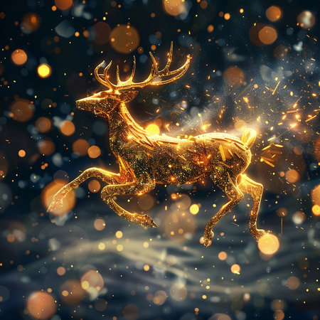 Christmas and New Year background with golden reindeer and bokeh lightsの素材