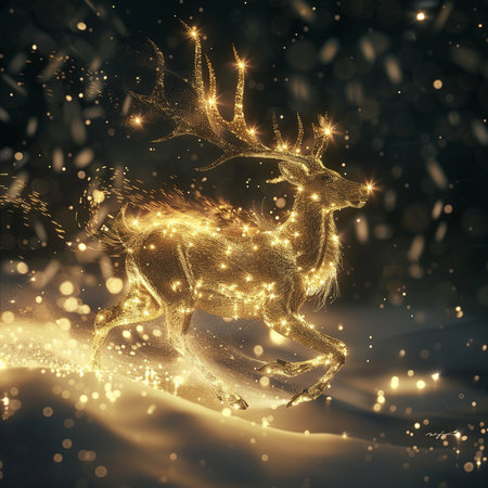 Christmas reindeer with golden lights and snowflakes. 3d renderingの素材