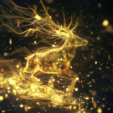 3d rendering of golden reindeer on black background with particlesの素材