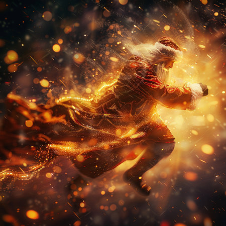 Santa claus flying in a snowstorm. Christmas and New Year backgroundの素材