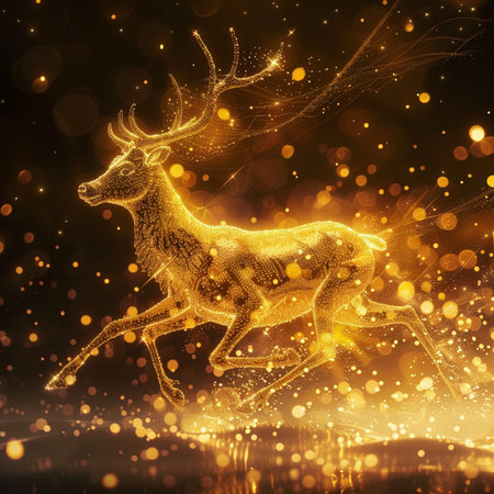 Golden reindeer with golden bokeh background, 3D illustrationの素材