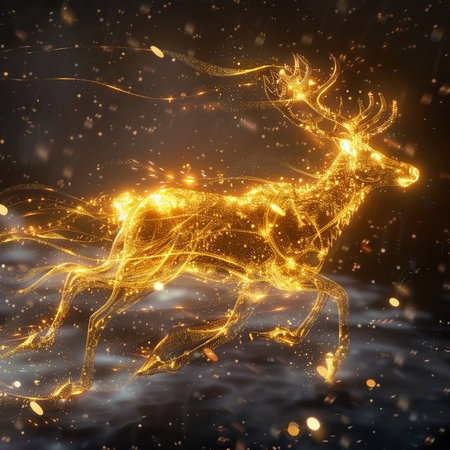 Fantasy golden reindeer on a dark background. Vector illustration.の素材