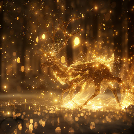 Christmas reindeer in the forest with golden bokeh lightsの素材