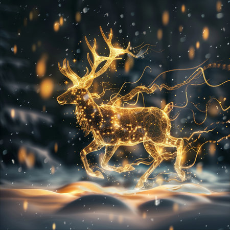 Christmas reindeer in winter forest with falling snow. 3d renderingの素材