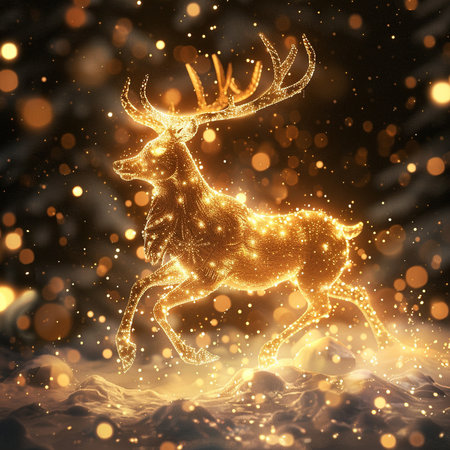 Christmas background with golden reindeer and snowflakes. 3D renderingの素材