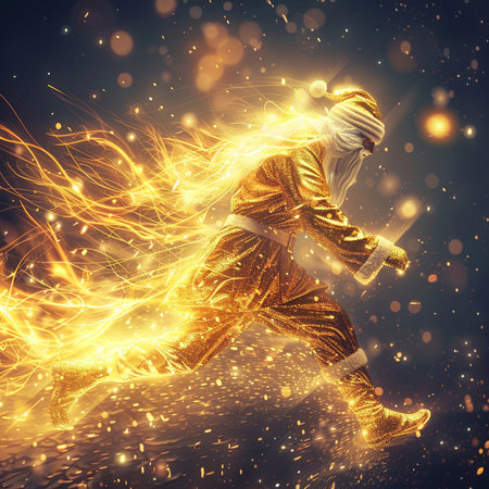 Man in a golden suit running with glowing particles around him. 3D renderingの素材