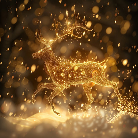 3D rendering of a golden Christmas reindeer with golden lights on backgroundの素材