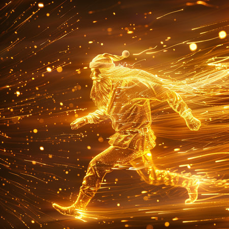 3D rendering of a golden deer on a dark background with particlesの素材