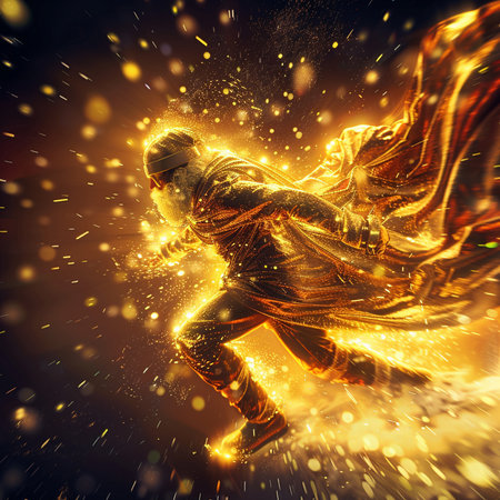 Superhero with golden cloak and sword on black background. 3d renderingの素材