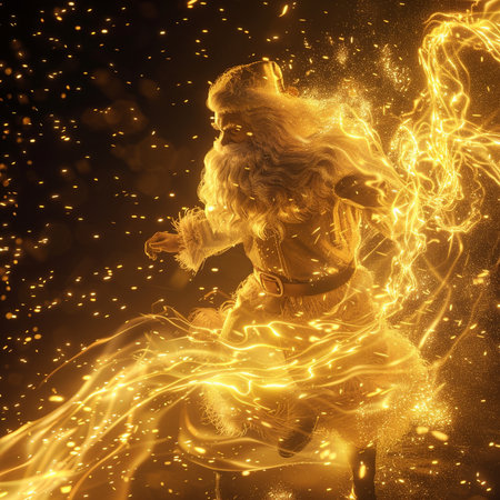 Golden Christmas Santa Claus with golden lights on a black background. 3d renderingの素材