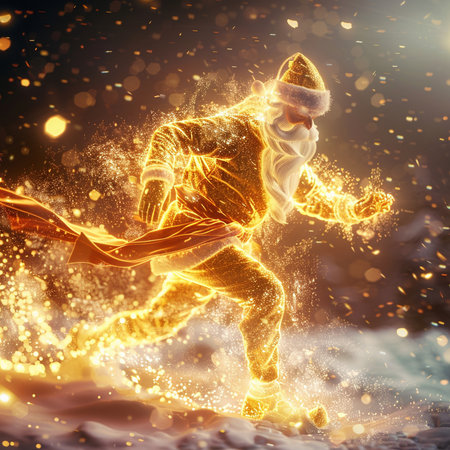 Running Santa Claus with snowflakes in his hand. 3D renderingの素材