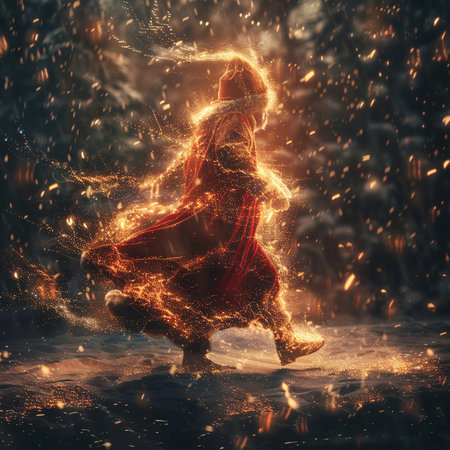 Beautiful girl in a red dress dancing in the snow. Magic and fairy tale.の素材