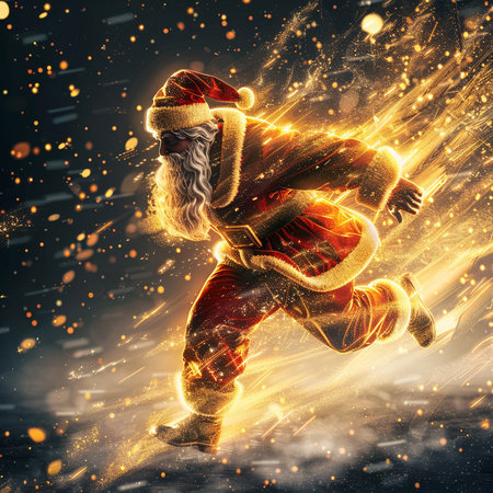 Santa claus running in a hurry to deliver presents. 3D renderingの素材