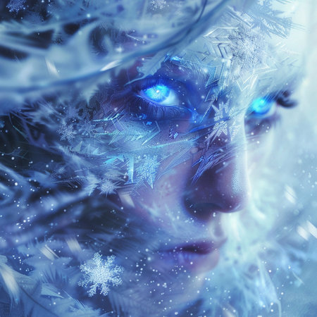 Portrait of a beautiful woman with blue eyes and snowflakesの素材