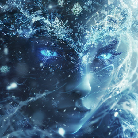 Beautiful woman face in winter snowflakes. 3D renderingの素材