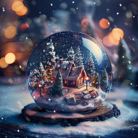 Snow globe with house and christmas tree on snow background. Winter holiday concept.の素材