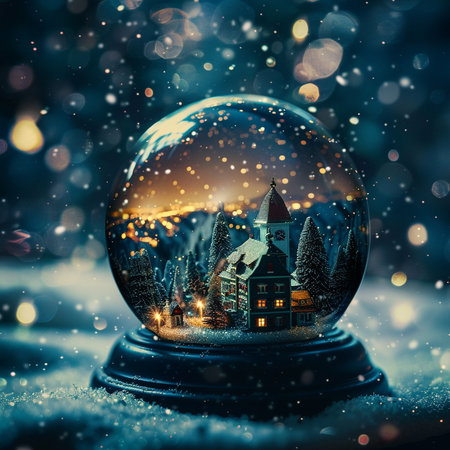 Snow globe with houses and trees in the snow. Christmas and New Year background.の素材