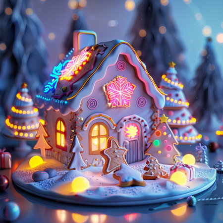 Christmas gingerbread house decorated with icing and lights. Christmas background.の素材