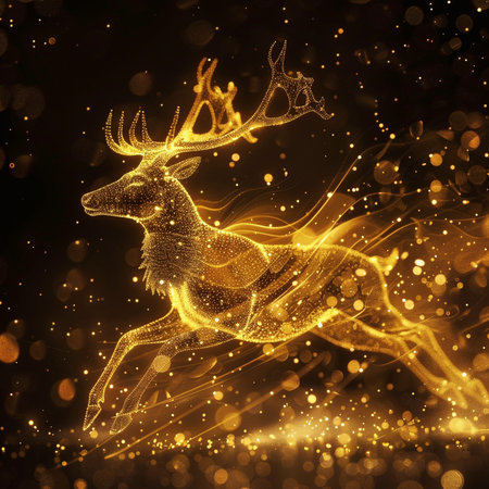 Golden Christmas reindeer on a black background. 3d renderingの素材