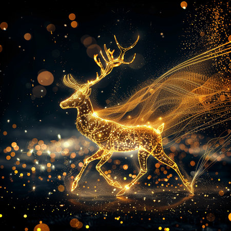 Fantasy golden reindeer on dark background. 3D renderingの素材
