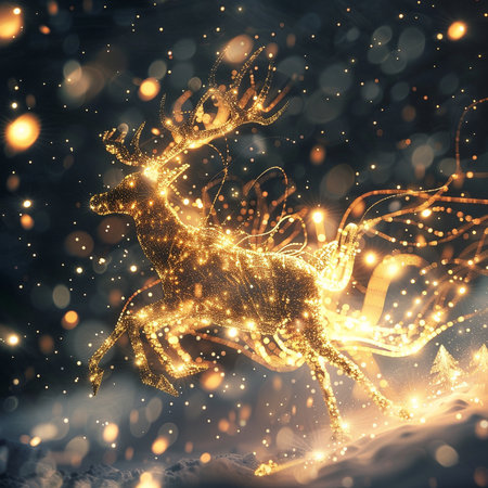 Christmas background with golden reindeer and bokeh lights.の素材