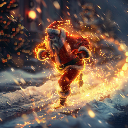 Santa Claus running in the snow. Christmas and New Year concept.の素材