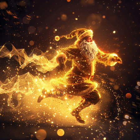 Santa Claus jumping in the air with glowing particles around him. Christmas concept.の素材