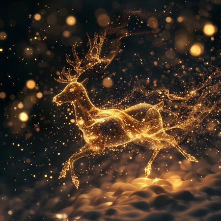 3D rendering of a golden reindeer on a dark backgroundの素材