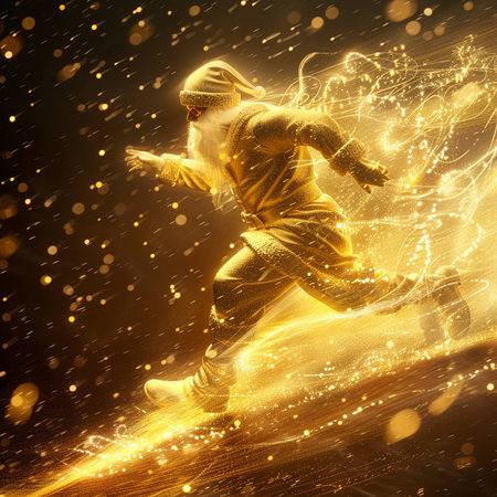 Man in golden suit jumping in the air with glowing particles around himの素材