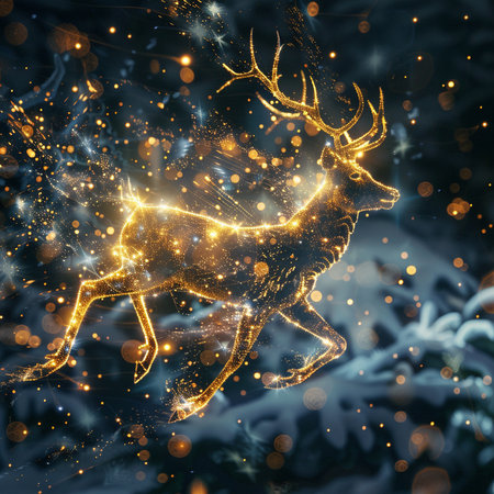 Christmas and New Year background with golden reindeer and bokeh lightsの素材